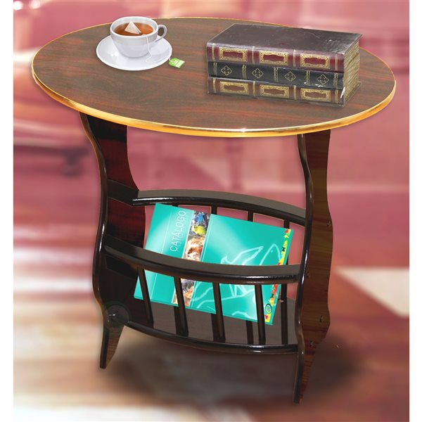 Uniquewise Espresso Brown Wood Oval Side Table with Magazine Holder