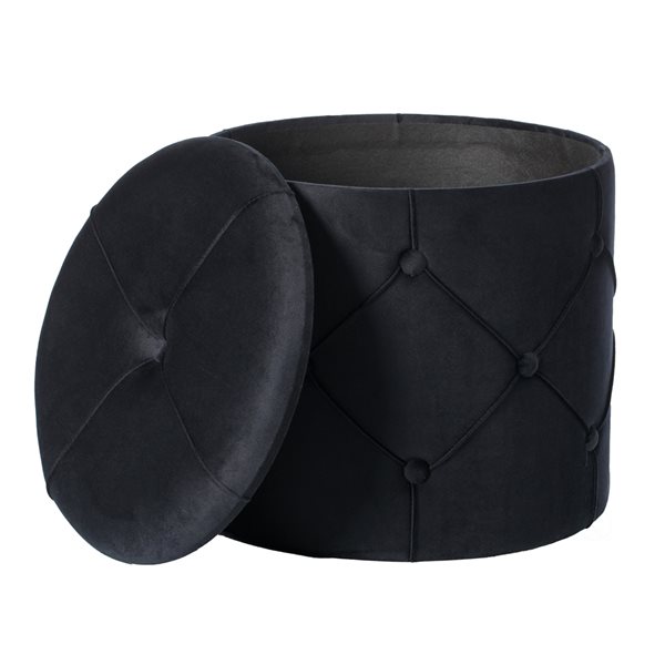 Fabulaxe Modern Black Velvet Round Integrated Storage Ottoman