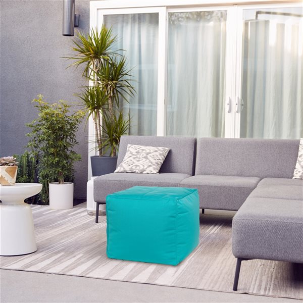 Pouf d'intérieur/d'extérieur en oléfine turqoise Cube Soleil par Gouchee Home