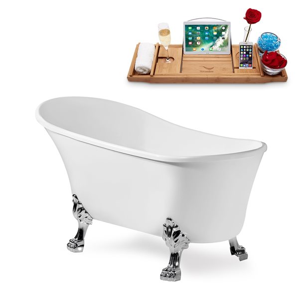 Baignoire sur pattes ovale Streamline en acrylique de 31,5 po l. x 66,9 po L. avec plateau de bain et drain interne, blanc