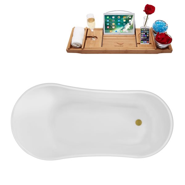 Baignoire sur pattes ovale Streamline en acrylique de 31,5 po l. x 66,9 po L. avec plateau de bain et drain interne, blanc