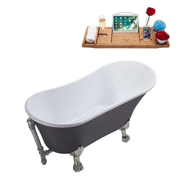Streamline 63-in L x 28.3-in W Grey Acrylic Oval Clawfoot Bathtub - Tub Tray and External Drain Included