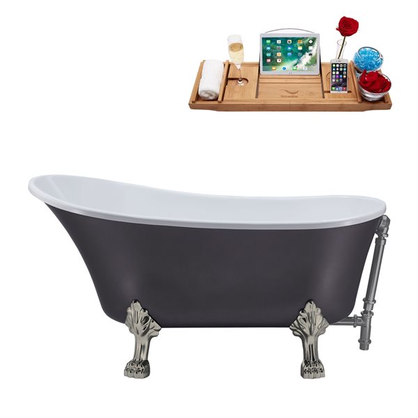 Streamline 63-in L x 28.3-in W Grey Acrylic Oval Clawfoot Bathtub - Tub Tray and External Drain Included
