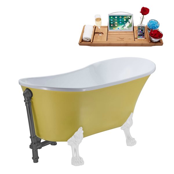 Streamline 28.3-in W x 63-in L Yellow Acrylic Oval External Drain Clawfoot Bathtub with Tub Tray
