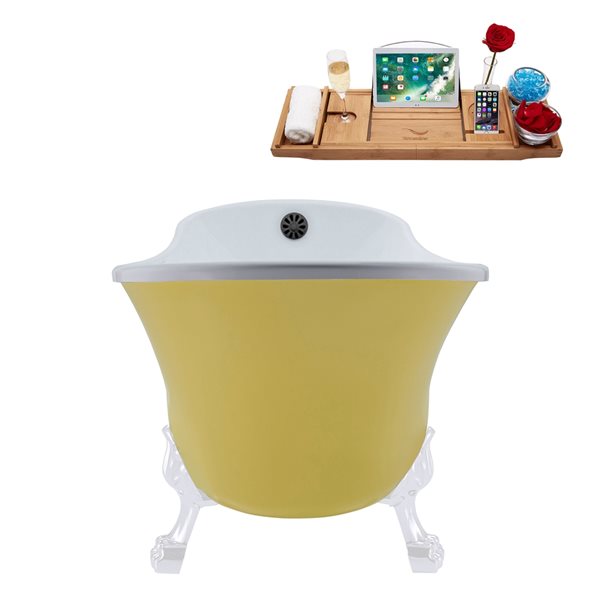 Streamline 28.3-in W x 63-in L Yellow Acrylic Oval External Drain Clawfoot Bathtub with Tub Tray