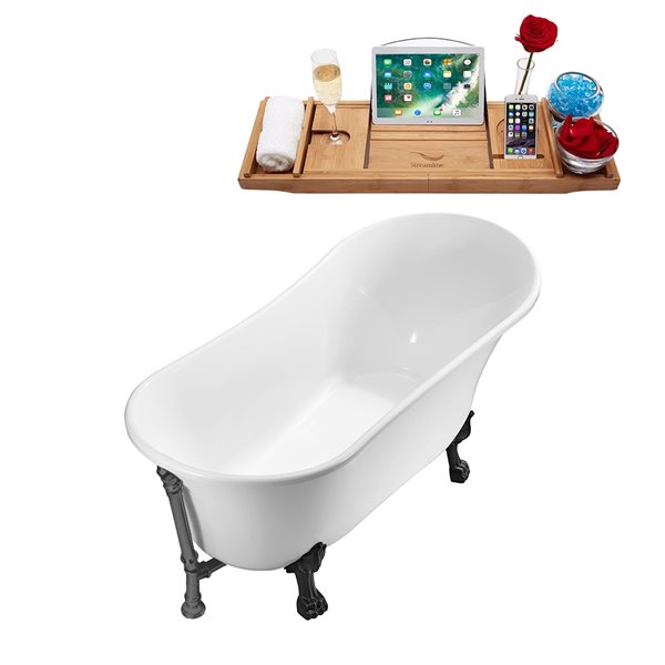 Baignoire sur pattes ovale Streamline en acrylique blanc de 27,6 po l. x 59,1 po L. avec drain externe et plateau de bain