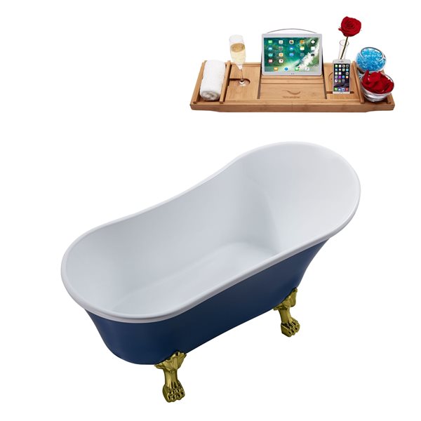 Streamline 55.1-in Blue/Glossy White Acrylic Oval Reversible Drain Clawfoot Bathub with Tray