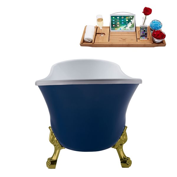 Streamline 55.1-in Blue/Glossy White Acrylic Oval Reversible Drain Clawfoot Bathub with Tray