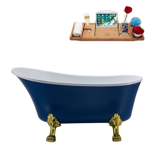 Streamline 55.1-in Blue/Glossy White Acrylic Oval Reversible Drain Clawfoot Bathub with Tray