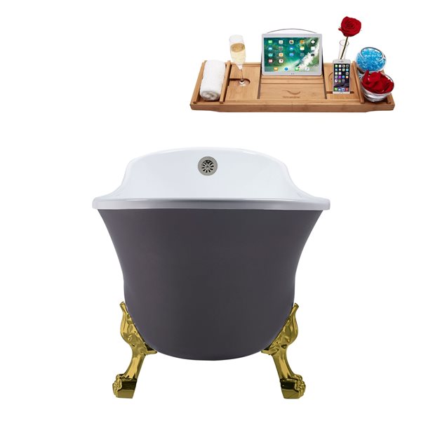 Streamline 55.1-in Gray/Brushed Nickel Acrylic Oval Reversible Drain Clawfoot Bathub with Tray