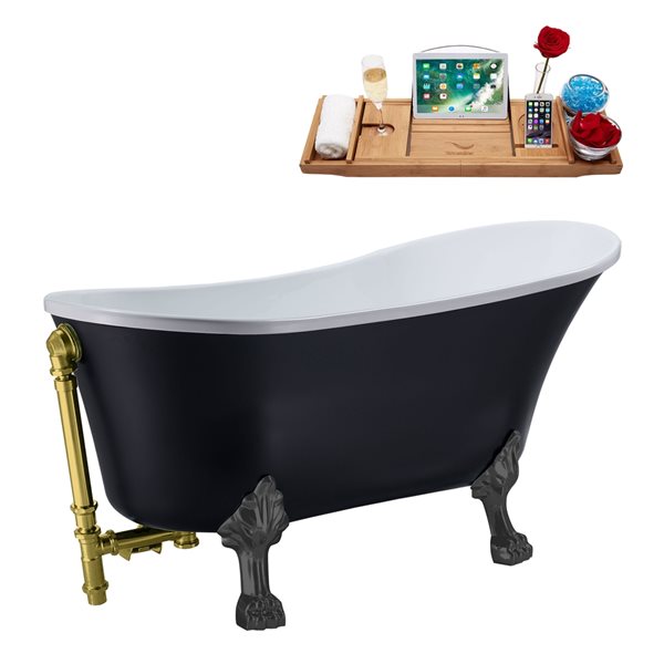 Streamline 55.1-in Black/Brushed Gold Acrylic Oval Reversible Drain Clawfoot Bathub with Tray