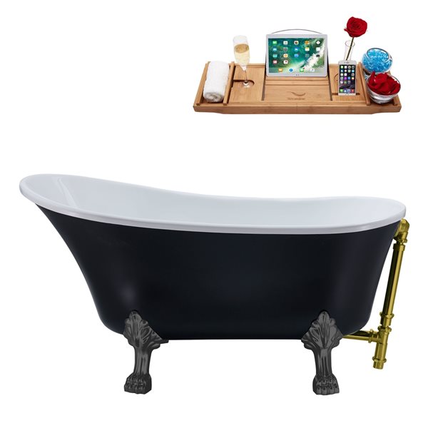 Streamline 55.1-in Black/Brushed Gold Acrylic Oval Reversible Drain Clawfoot Bathub with Tray