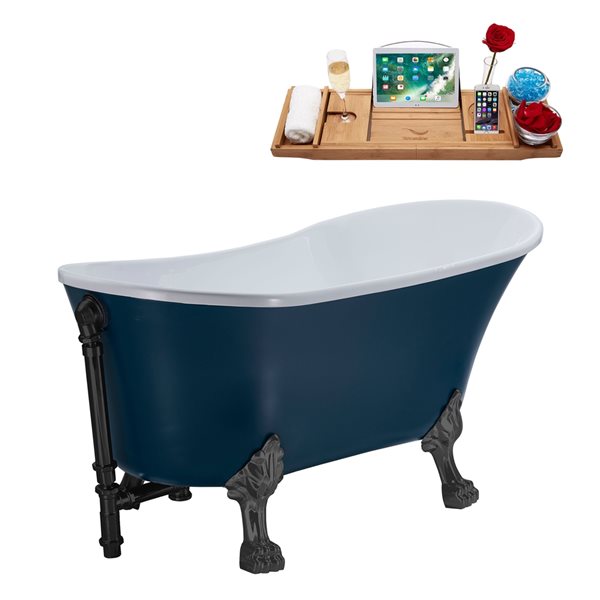 Streamline 55.1-in Blue/Matte Black Acrylic Oval Reversible Drain Clawfoot Bathub with Tray