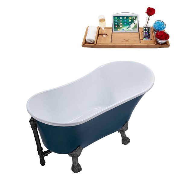 Streamline 55.1-in Blue/Matte Black Acrylic Oval Reversible Drain Clawfoot Bathub with Tray