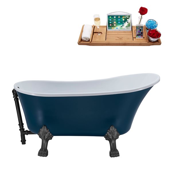 Streamline 55.1-in Blue/Matte Black Acrylic Oval Reversible Drain Clawfoot Bathub with Tray