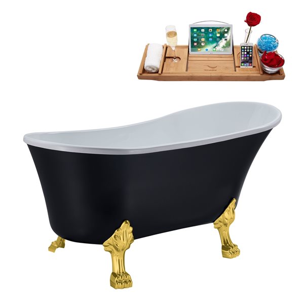 Streamline 63-in Black/Brushed Gold Acrylic Oval Reversible Drain Clawfoot Bathub with Tray