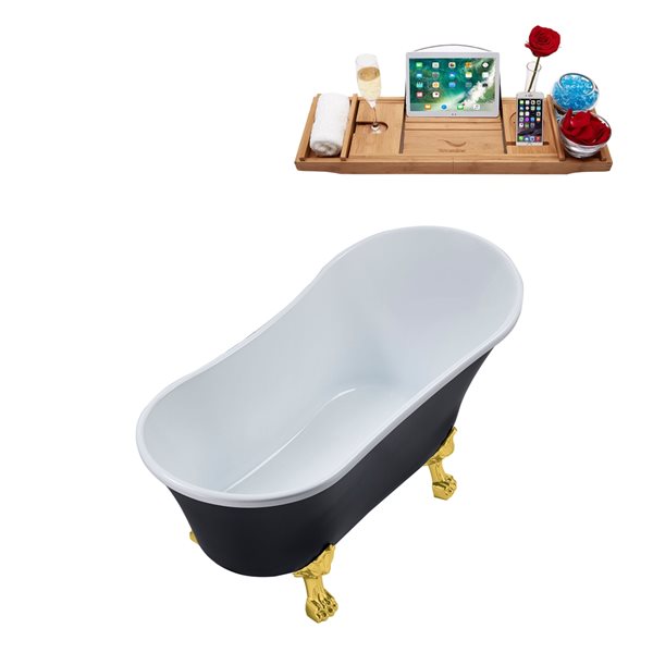 Streamline 63-in Black/Brushed Gold Acrylic Oval Reversible Drain Clawfoot Bathub with Tray