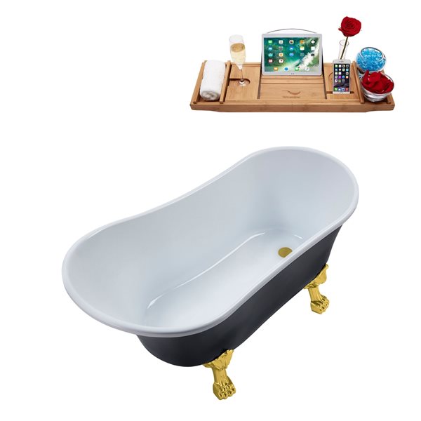 Streamline 63-in Black/Brushed Gold Acrylic Oval Reversible Drain Clawfoot Bathub with Tray