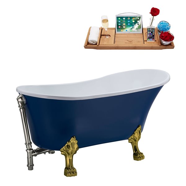 Streamline 55.1-in Blue/Brushed Nickel Acrylic Oval Reversible Drain Clawfoot Bathub with Tray