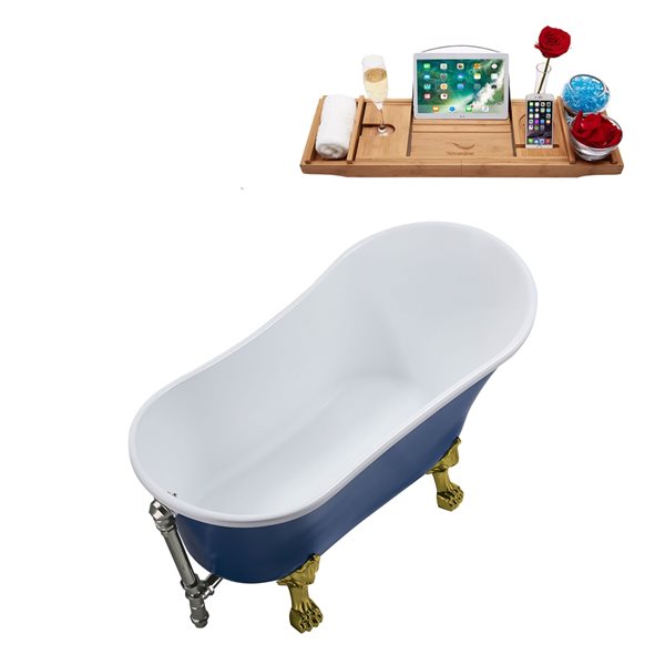Streamline 55.1-in Blue/Brushed Nickel Acrylic Oval Reversible Drain Clawfoot Bathub with Tray