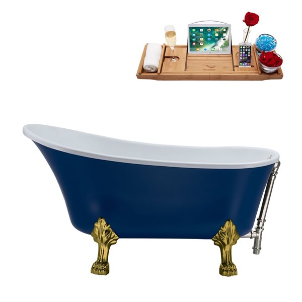 Streamline 55.1-in Blue/Brushed Nickel Acrylic Oval Reversible Drain Clawfoot Bathub with Tray