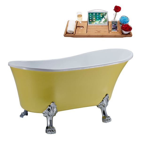 Streamline 63-in Yellow/Brushed Gold Acrylic Oval Reversible Drain Clawfoot Bathub with Tray