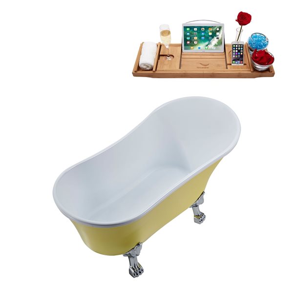 Streamline 63-in Yellow/Brushed Gold Acrylic Oval Reversible Drain Clawfoot Bathub with Tray