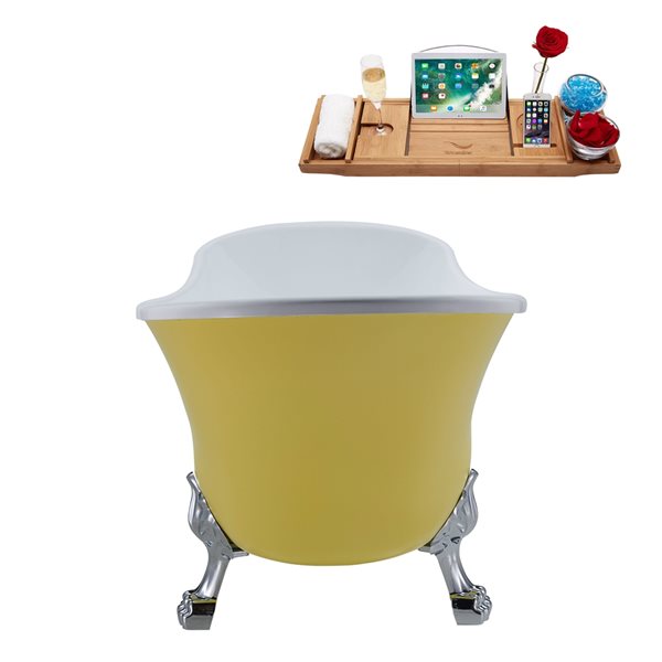 Streamline 63-in Yellow/Brushed Gold Acrylic Oval Reversible Drain Clawfoot Bathub with Tray