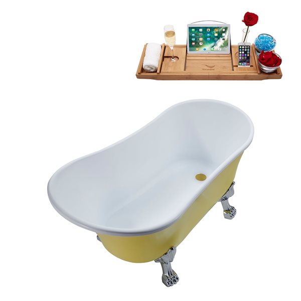 Streamline 63-in Yellow/Brushed Gold Acrylic Oval Reversible Drain Clawfoot Bathub with Tray