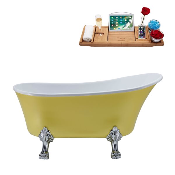 Streamline 63-in Yellow/Brushed Gold Acrylic Oval Reversible Drain Clawfoot Bathub with Tray