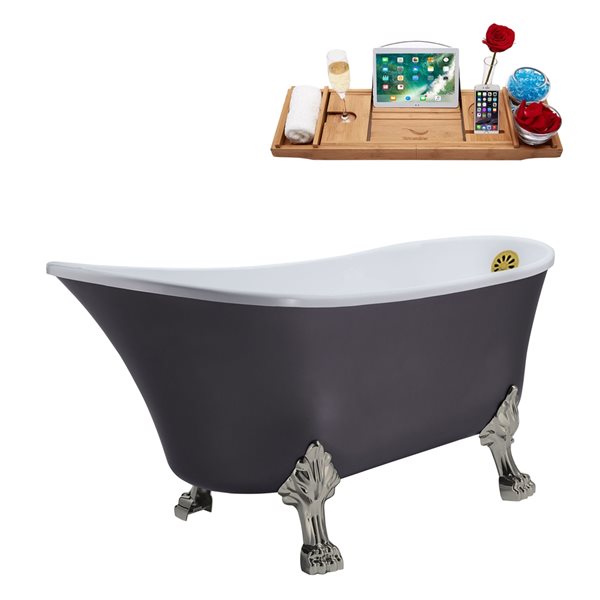 Streamline 55.1-in Gray/Brushed Gold Acrylic Oval Reversible Drain Clawfoot Bathub with Tray