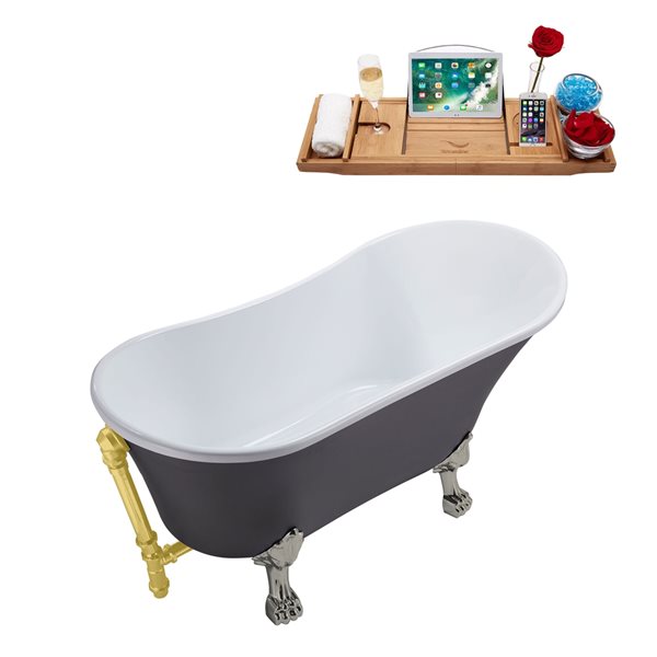 Streamline 55.1-in Gray/Brushed Gold Acrylic Oval Reversible Drain Clawfoot Bathub with Tray