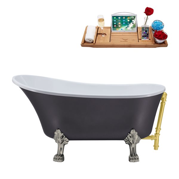 Streamline 55.1-in Gray/Brushed Gold Acrylic Oval Reversible Drain Clawfoot Bathub with Tray