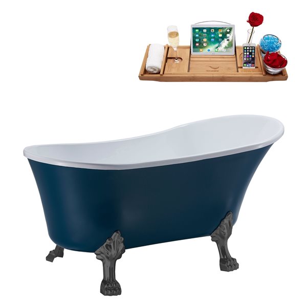 Streamline 55.1-in Blue/Polished Gold Acrylic Oval Reversible Drain Clawfoot Bathub with Tray