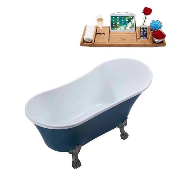 Streamline 55.1-in Blue/Polished Gold Acrylic Oval Reversible Drain Clawfoot Bathub with Tray