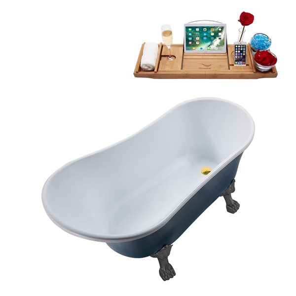 Streamline 55.1-in Blue/Polished Gold Acrylic Oval Reversible Drain Clawfoot Bathub with Tray