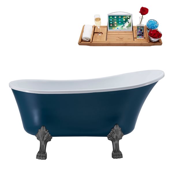 Streamline 55.1-in Blue/Polished Gold Acrylic Oval Reversible Drain Clawfoot Bathub with Tray