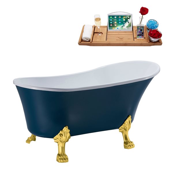 Streamline 63-in Blue/Brushed Gun Metal Acrylic Oval Reversible Drain Clawfoot Bathub with Tray
