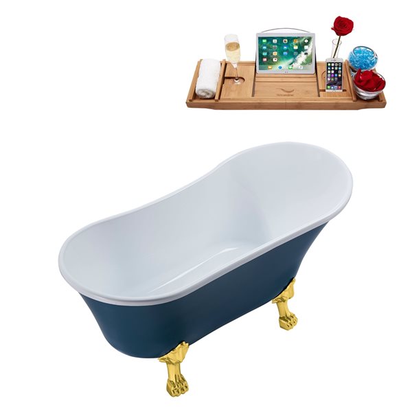 Streamline 63-in Blue/Brushed Gun Metal Acrylic Oval Reversible Drain Clawfoot Bathub with Tray