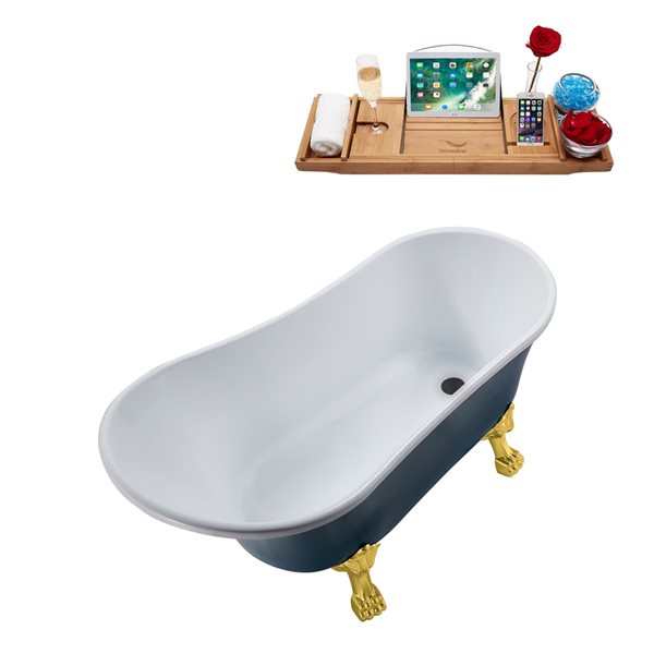 Streamline 63-in Blue/Brushed Gun Metal Acrylic Oval Reversible Drain Clawfoot Bathub with Tray
