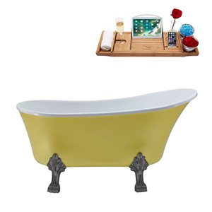 Streamline 63-in Yellow/Brushed Nickel Acrylic Oval Reversible Drain Clawfoot Bathub with Tray