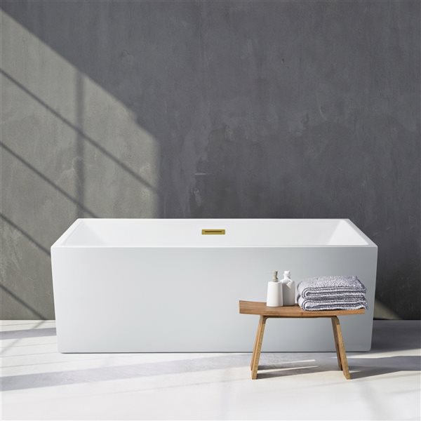 Streamline 31.5-in W x 57.9-in L White/Brushed Gold Acrylic Rectangular Center Drain Freestanding Bathtub with Tray