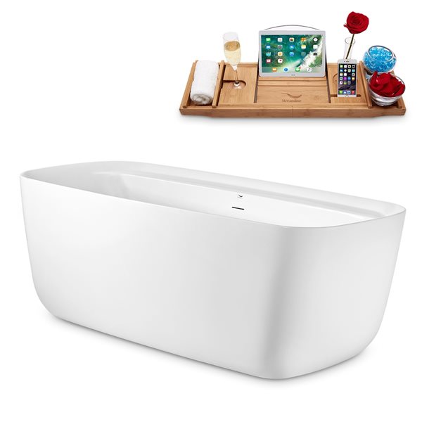 Streamline 30.7-in W x 66.9-in L Brushed Gunmetal/White Acrylic Rectangular Center Drain Freestanding Bathtub with Tray