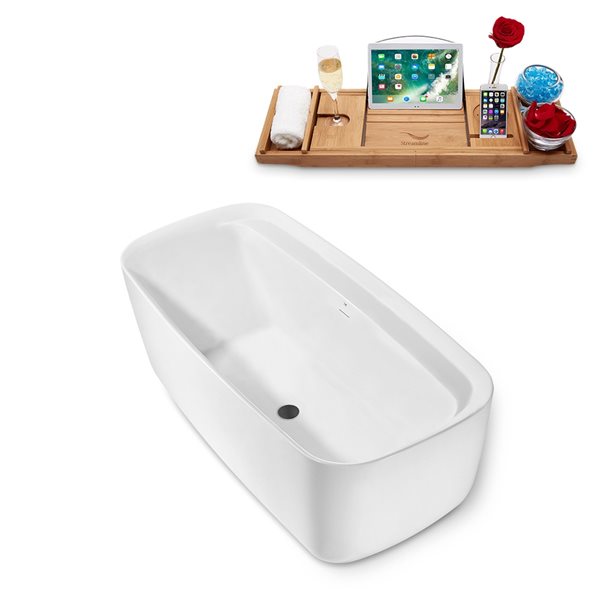 Streamline 30.7-in W x 66.9-in L Brushed Gunmetal/White Acrylic Rectangular Center Drain Freestanding Bathtub with Tray