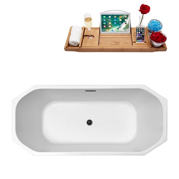 Streamline 28.7-in W x 63-in L White/Brushed Gunmetal Acrylic Oval Center Drain Freestanding Bathtub with Tray