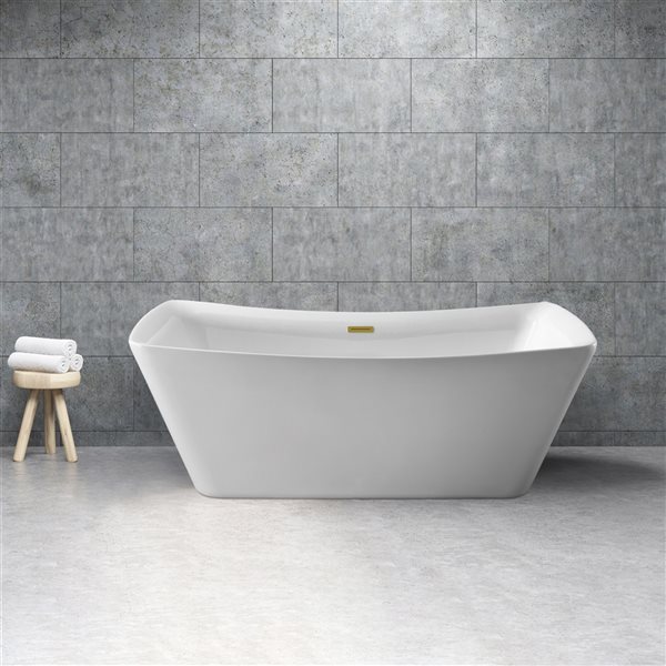 Streamline 30.7-in W x 66.9-in L Brushed Gold/White Acrylic Rectangular Center Drain Freestanding Bathtub with Tray