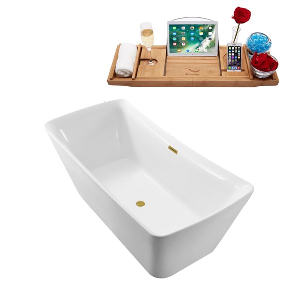 Streamline 30.7-in W x 66.9-in L Brushed Gold/White Acrylic Rectangular Center Drain Freestanding Bathtub with Tray