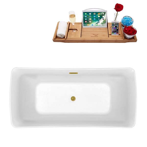 Streamline 30.7-in W x 66.9-in L Brushed Gold/White Acrylic Rectangular Center Drain Freestanding Bathtub with Tray