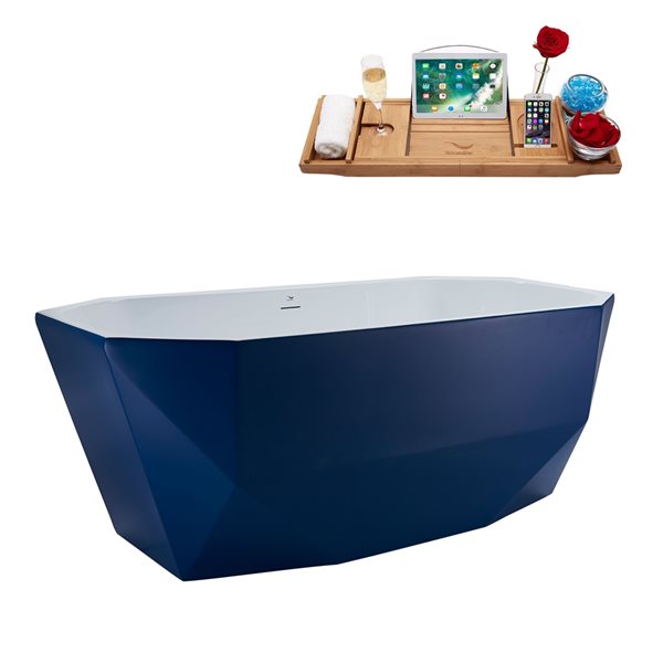 Streamline 28.7-in W x 63-in L Blue/Brushed Gold Acrylic Oval Center Drain Freestanding Bathtub with Tray