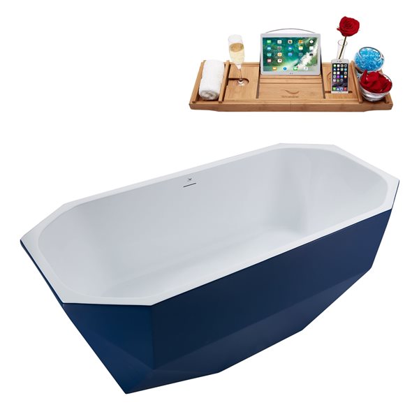 Streamline 28.7-in W x 63-in L Blue/Brushed Gold Acrylic Oval Center Drain Freestanding Bathtub with Tray